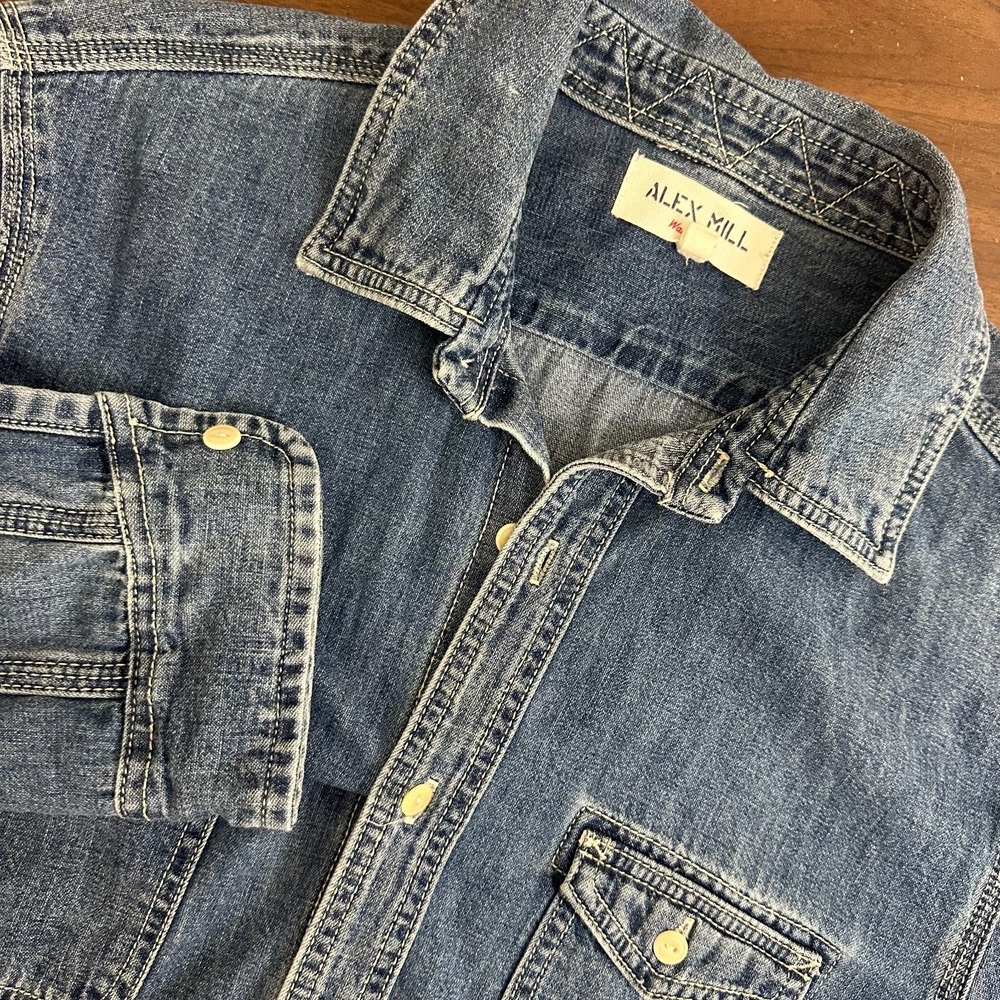 Alex Mill Wash & Go Shirt Blue Denim Cotton Pockets Button Up Workwear Mens M